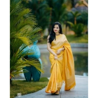 Generic Women's Soft Lichi Silk Printed Saree With Unstitched Blouse 5.5Mtr (Yellow) - Yellow