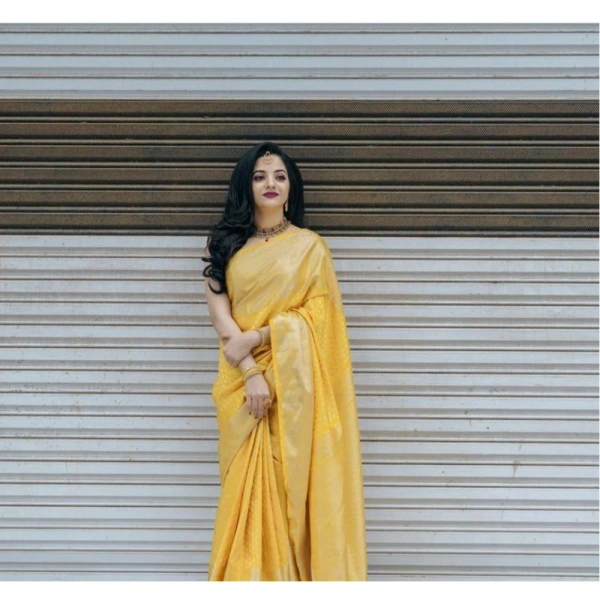 Generic Women's Soft Lichi Silk Printed Saree With Unstitched Blouse 5.5Mtr (Yellow) - Yellow