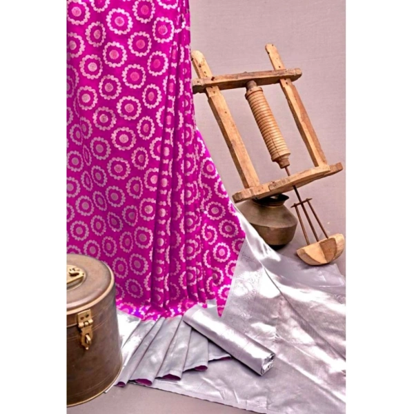 Generic Women's Soft Lichi Silk Printed Saree With Unstitched Blouse 5.5Mtr (Pink) - Pink