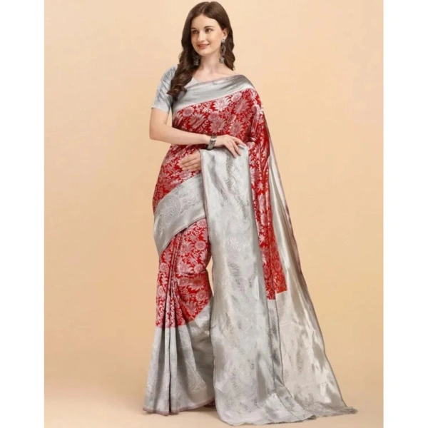 Generic Women's Soft Lichi Silk Printed Saree With Unstitched Blouse 5.5Mtr (Red) - Red