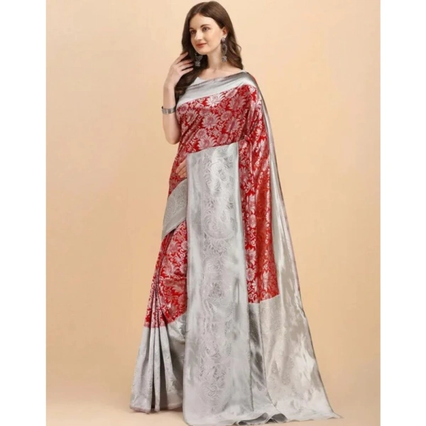 Generic Women's Soft Lichi Silk Printed Saree With Unstitched Blouse 5.5Mtr (Red) - Red