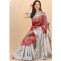 Generic Women's Soft Lichi Silk Printed Saree With Unstitched Blouse 5.5Mtr (Red) - Red
