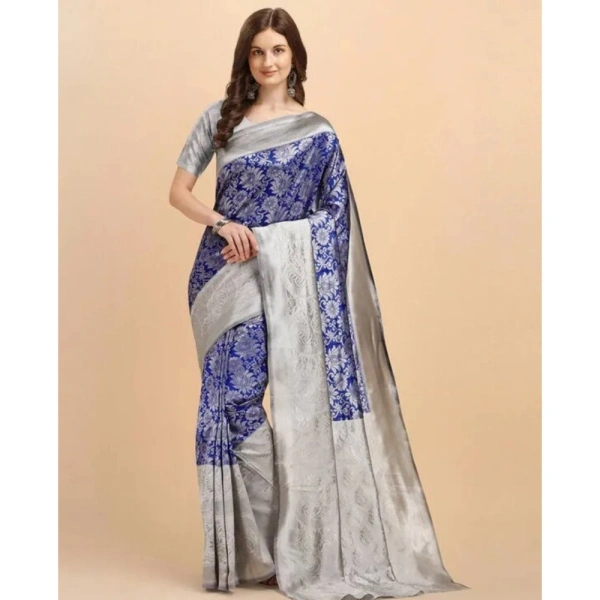 Generic Women's Soft Lichi Silk Printed Saree With Unstitched Blouse 5.5Mtr (Blue) - Blue