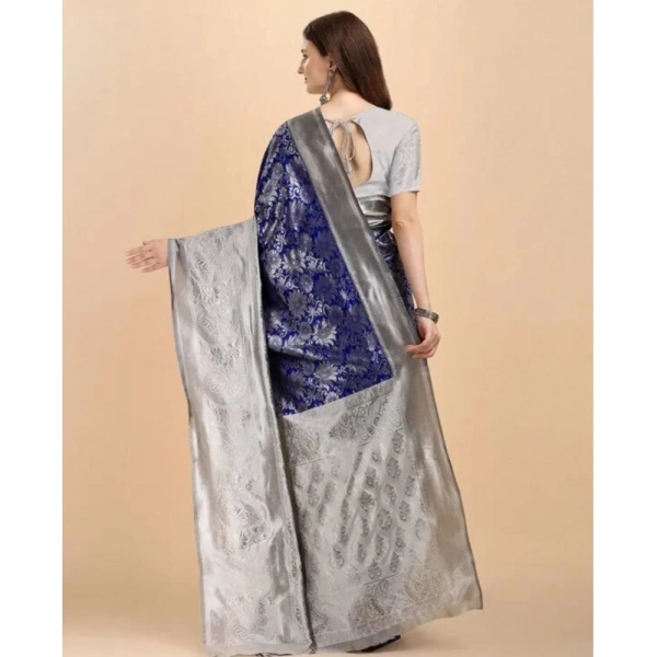 Generic Women's Soft Lichi Silk Printed Saree With Unstitched Blouse 5.5Mtr (Blue) - Blue