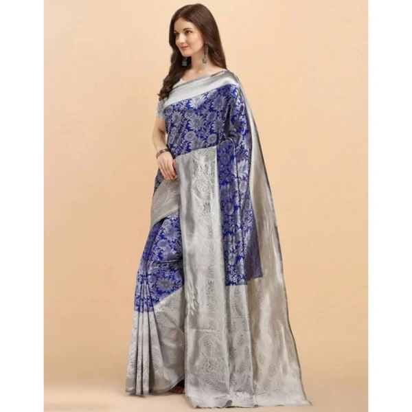 Generic Women's Soft Lichi Silk Printed Saree With Unstitched Blouse 5.5Mtr (Blue) - Blue