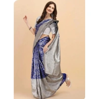 Generic Women's Soft Lichi Silk Printed Saree With Unstitched Blouse 5.5Mtr (Blue) - Blue