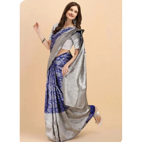 Generic Women's Soft Lichi Silk Printed Saree With Unstitched Blouse 5.5Mtr (Blue) - Blue