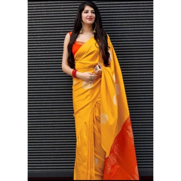 Generic Women's Soft Lichi Silk Printed Saree With Unstitched Blouse 5.5Mtr (Yellow) - Yellow