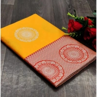 Generic Women's Soft Lichi Silk Printed Saree With Unstitched Blouse 5.5Mtr (Yellow) - Yellow
