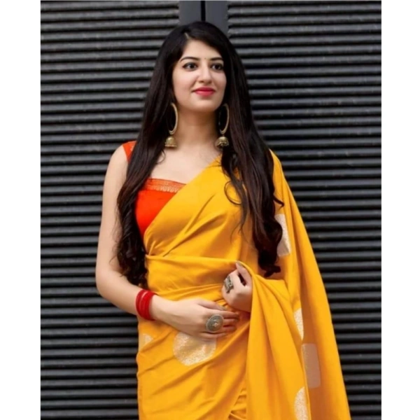 Generic Women's Soft Lichi Silk Printed Saree With Unstitched Blouse 5.5Mtr (Yellow) - Yellow