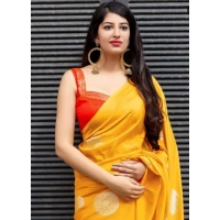Generic Women's Soft Lichi Silk Printed Saree With Unstitched Blouse 5.5Mtr (Yellow) - Yellow