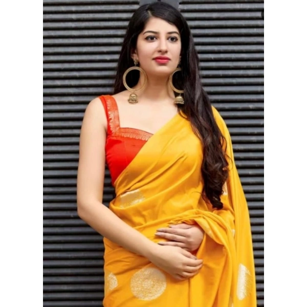 Generic Women's Soft Lichi Silk Printed Saree With Unstitched Blouse 5.5Mtr (Yellow) - Yellow