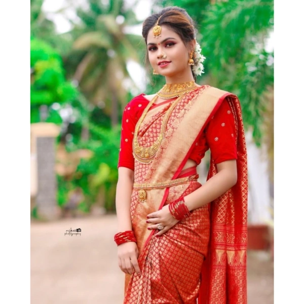 Generic Women's Soft Lichi Silk Printed Saree With Unstitched Blouse 5.5Mtr (Red) - Red