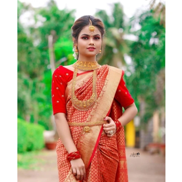 Generic Women's Soft Lichi Silk Printed Saree With Unstitched Blouse 5.5Mtr (Red) - Red