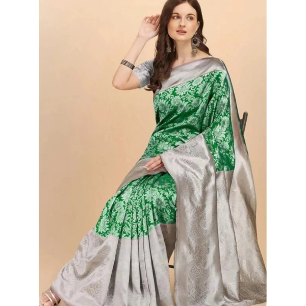 Generic Women's Soft Lichi Silk Printed Saree With Unstitched Blouse 5.5Mtr (Green) - Green