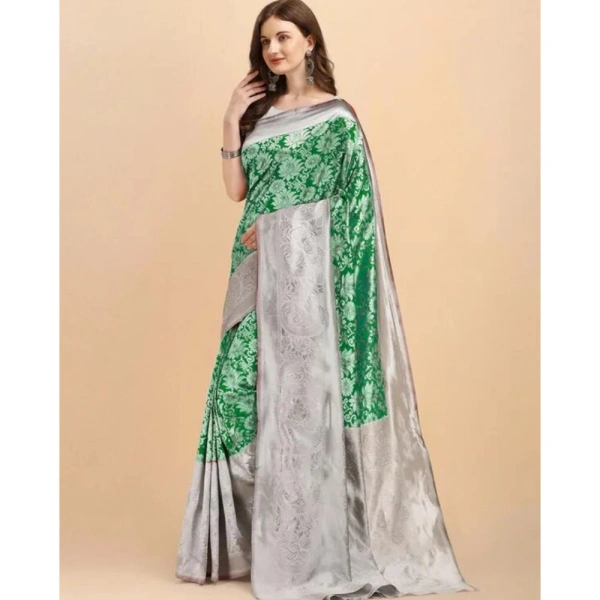 Generic Women's Soft Lichi Silk Printed Saree With Unstitched Blouse 5.5Mtr (Green) - Green