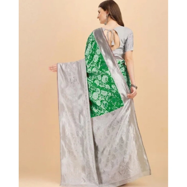 Generic Women's Soft Lichi Silk Printed Saree With Unstitched Blouse 5.5Mtr (Green) - Green