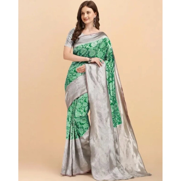 Generic Women's Soft Lichi Silk Printed Saree With Unstitched Blouse 5.5Mtr (Green) - Green
