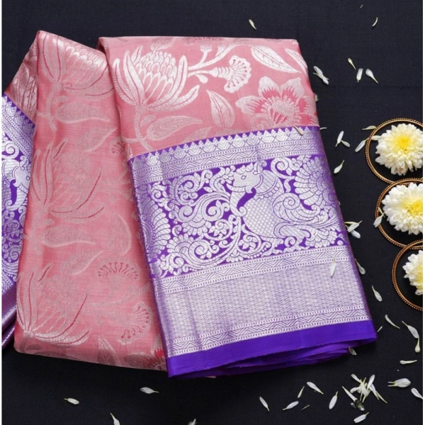 Generic Women's Soft Lichi Silk Printed Saree With Unstitched Blouse 5.5Mtr (Purple) - Purple