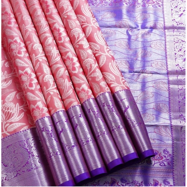 Generic Women's Soft Lichi Silk Printed Saree With Unstitched Blouse 5.5Mtr (Purple) - Purple
