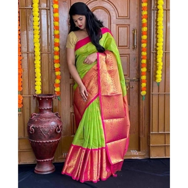 Generic Women's Soft Lichi Silk Printed Saree With Unstitched Blouse 5.5Mtr (Green) - Green