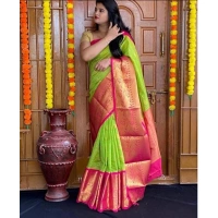 Generic Women's Soft Lichi Silk Printed Saree With Unstitched Blouse 5.5Mtr (Green) - Green