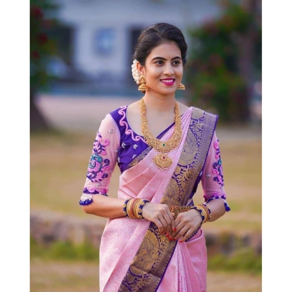 Generic Women's Soft Lichi Silk Printed Saree With Unstitched Blouse 5.5Mtr (Purple) - Purple