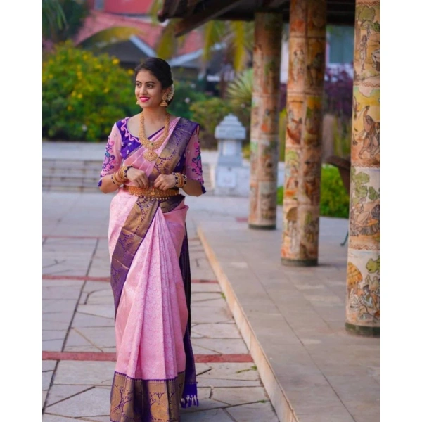 Generic Women's Soft Lichi Silk Printed Saree With Unstitched Blouse 5.5Mtr (Purple) - Purple