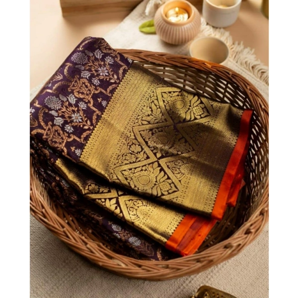 Generic Women's Soft Lichi Silk Printed Saree With Unstitched Blouse 5.5Mtr (Purple) - Purple