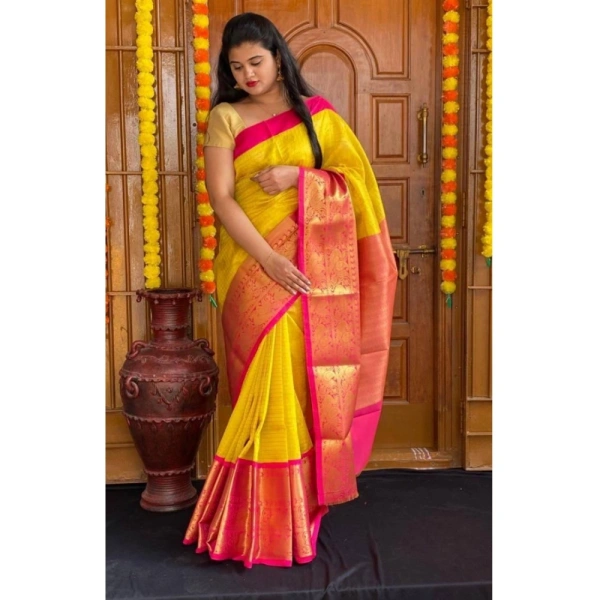 Generic Women's Soft Lichi Silk Printed Saree With Unstitched Blouse 5.5Mtr (Yellow) - Yellow