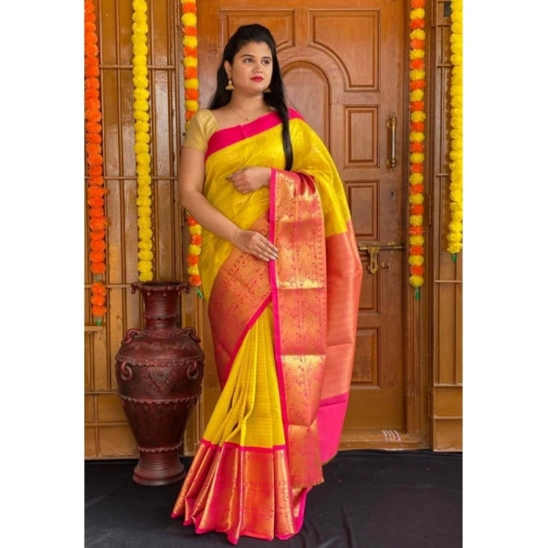 Generic Women's Soft Lichi Silk Printed Saree With Unstitched Blouse 5.5Mtr (Yellow) - Yellow
