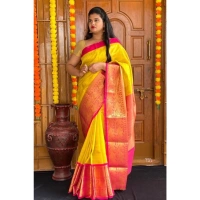 Generic Women's Soft Lichi Silk Printed Saree With Unstitched Blouse 5.5Mtr (Yellow) - Yellow