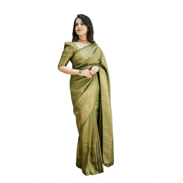Generic Women's Soft Lichi Silk Printed Saree With Unstitched Blouse 5.5Mtr (Green) - Green