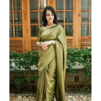 Generic Women's Soft Lichi Silk Printed Saree With Unstitched Blouse 5.5Mtr (Green) - Green