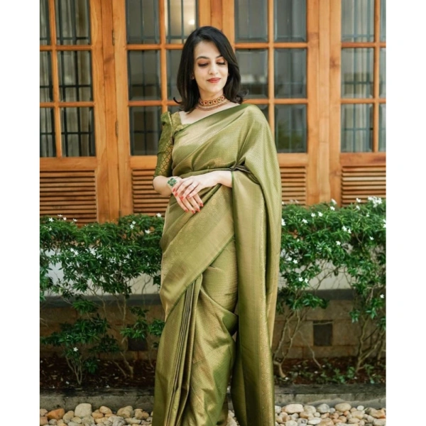 Generic Women's Soft Lichi Silk Printed Saree With Unstitched Blouse 5.5Mtr (Green) - Green