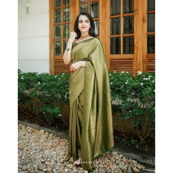 Generic Women's Soft Lichi Silk Printed Saree With Unstitched Blouse 5.5Mtr (Green) - Green