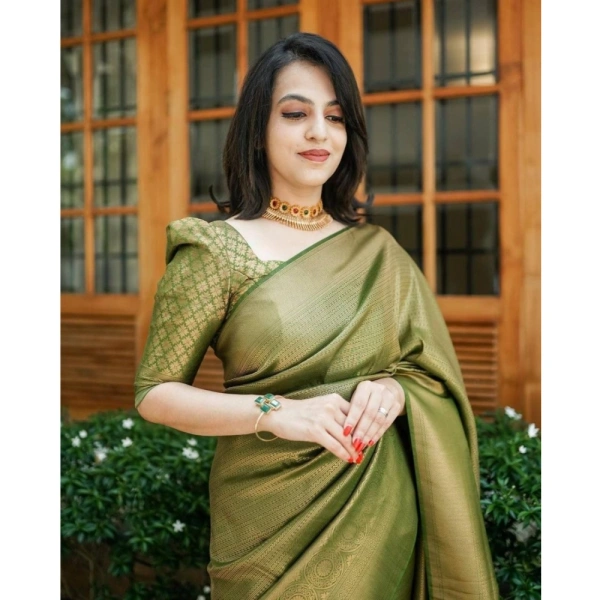 Generic Women's Soft Lichi Silk Printed Saree With Unstitched Blouse 5.5Mtr (Green) - Green