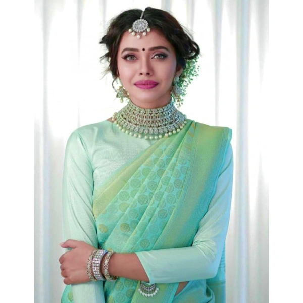 Generic Women's Soft Lichi Silk Printed Saree With Unstitched Blouse 5.5Mtr (Light Green) - Light Green