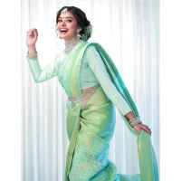 Generic Women's Soft Lichi Silk Printed Saree With Unstitched Blouse 5.5Mtr (Light Green) - Light Green