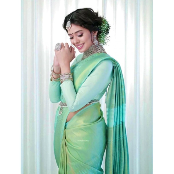 Generic Women's Soft Lichi Silk Printed Saree With Unstitched Blouse 5.5Mtr (Light Green) - Light Green