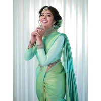 Generic Women's Soft Lichi Silk Printed Saree With Unstitched Blouse 5.5Mtr (Light Green) - Light Green
