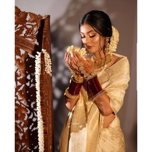 Generic Women's Soft Lichi Silk Printed Saree With Unstitched Blouse 5.5Mtr (Golden) - Golden