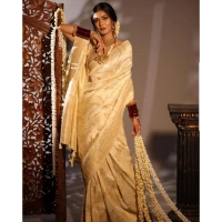 Generic Women's Soft Lichi Silk Printed Saree With Unstitched Blouse 5.5Mtr (Golden) - Golden