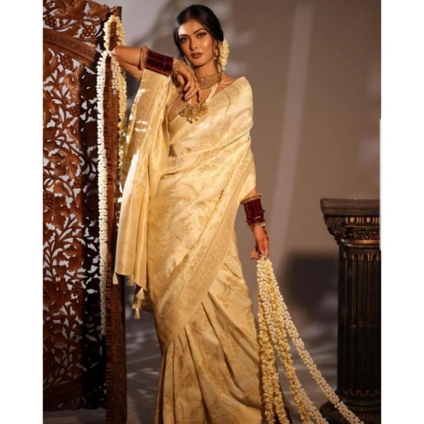 Generic Women's Soft Lichi Silk Printed Saree With Unstitched Blouse 5.5Mtr (Golden) - Golden