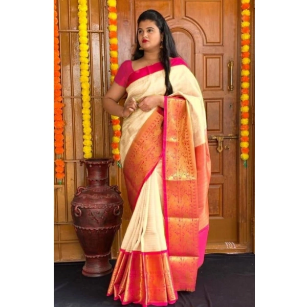 Generic Women's Soft Lichi Silk Printed Saree With Unstitched Blouse 5.5Mtr (Cream) - Cream