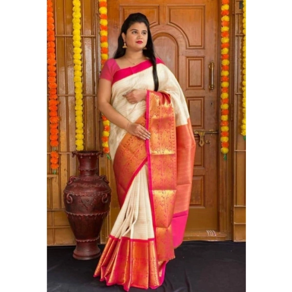 Generic Women's Soft Lichi Silk Printed Saree With Unstitched Blouse 5.5Mtr (Cream) - Cream