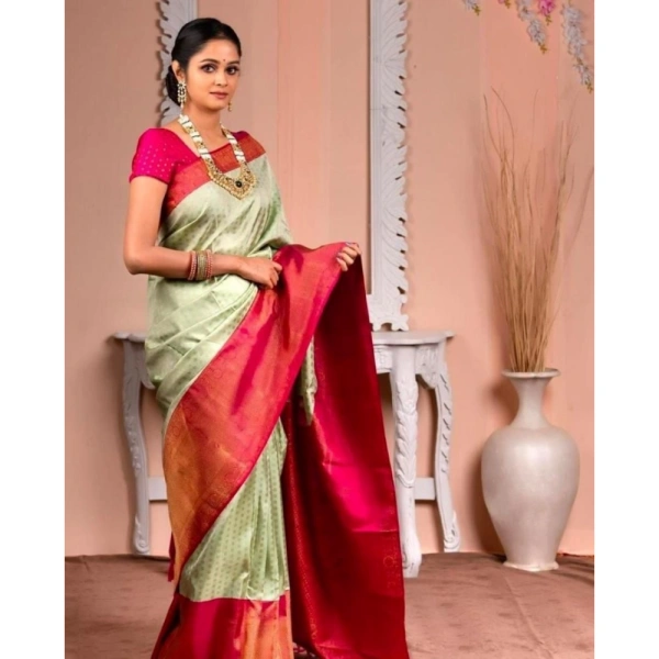 Generic Women's Soft Lichi Silk Printed Saree With Unstitched Blouse 5.5Mtr (Light Green) - Light Green