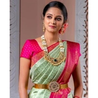 Generic Women's Soft Lichi Silk Printed Saree With Unstitched Blouse 5.5Mtr (Light Green) - Light Green