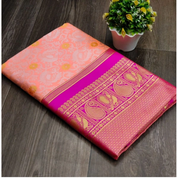 Generic Women's Soft Lichi Silk Printed Saree With Unstitched Blouse 5.5Mtr (Pink) - Pink