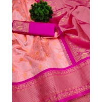 Generic Women's Soft Lichi Silk Printed Saree With Unstitched Blouse 5.5Mtr (Pink) - Pink